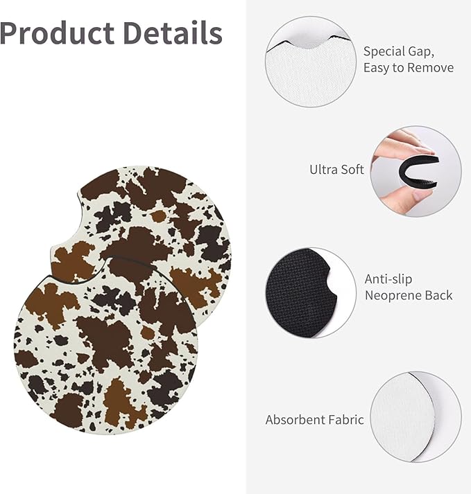 Brown Western Cow Print Steering Wheel Cover for Women Men with 2 Pcs Car Coasters, 15 Inches Neoprene Anti-Slip Cute Universal Car Accessories Protective Cover for Vehicle