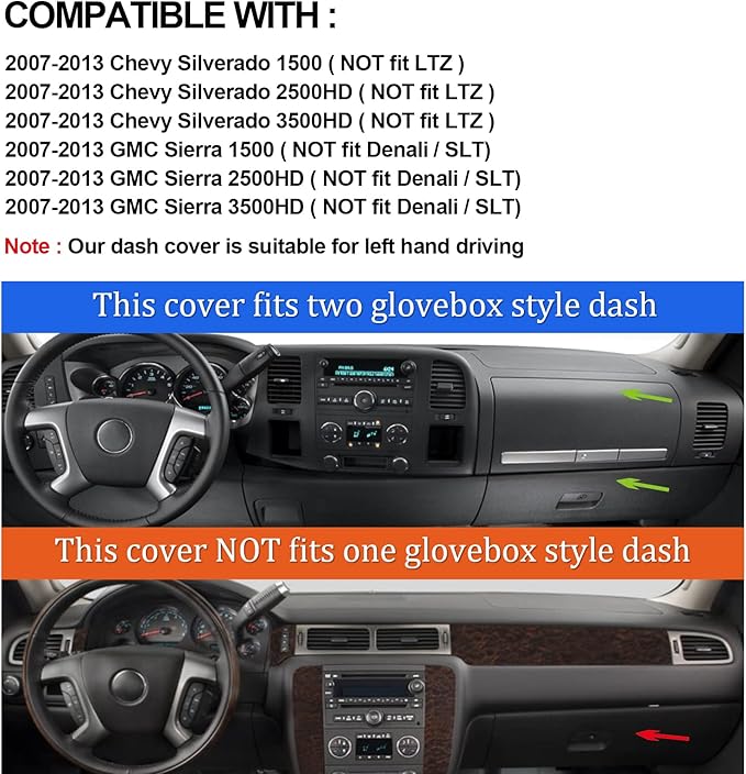 Dashboard Cover for GMC Sierra and Chevrolet Silverado- Fits 2007-2013 Models with Two Glove Boxes. Custom Fit Dash Mat, Won't Break Dash Sensors(Premium Carpet, Black)
