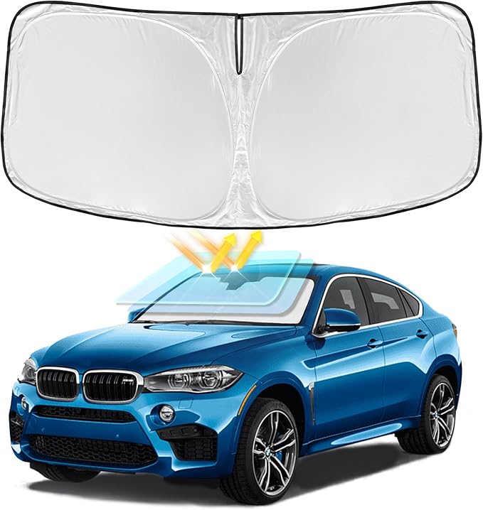 for BMW X5 2014-2018 Windshield Sun Shade - 4 Layers Car Sunshades for Front Windows Shade Cover Custom Fit X5 Sun Visor 240T Retractable Shade Blocks UV Rays Car Accessories