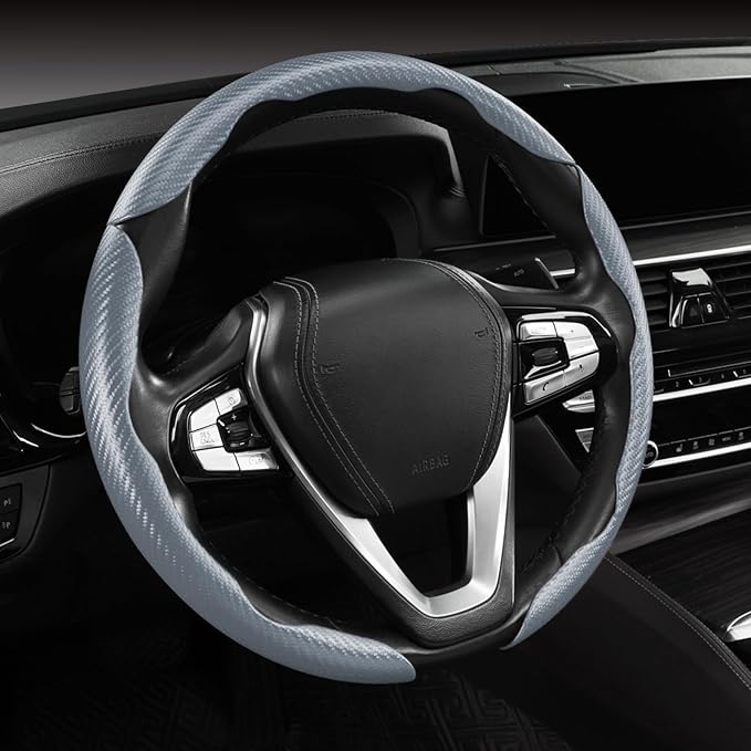 Carbon Fiber Steering Wheel Cover Anti-Slip Wrap Snap on Car Steering Wheel Accessories Grip 15 inch Universal 3pc Matte Gray