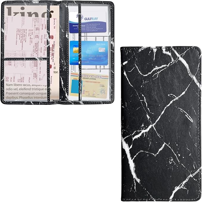Ziciner Car Registration and Insurance Holder, Auto Card Document Glove Box Organizer with Magnetic Closure, Universal Vehicle Interior Accessories for Cars SUVs (Marble Black-Large)