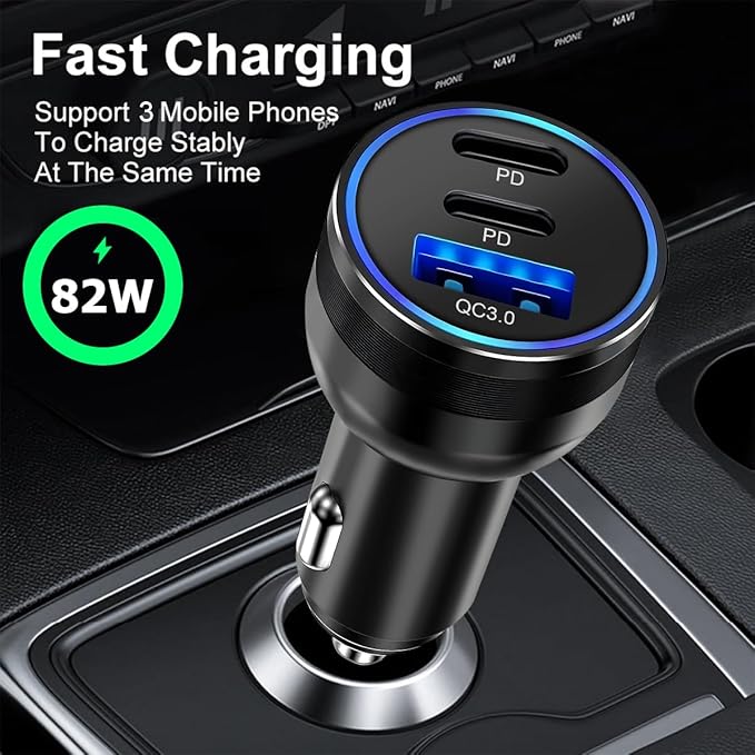 USB C Car Charger, Fast Charging 3 Port Dual PD & USB A Vehicle Power Adapter, PD3.0 QC3.0 Automotive Cigarette Lighter Charger Cable Accessories, Universal for SUV, Sedan, Truck