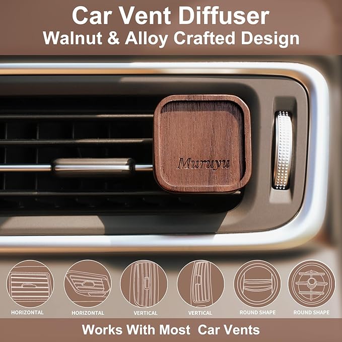 Muruyu Car Diffuser, Walnut Wood & Zinc Alloy with Magnetic Closure, Refillable DIY Scent Personalization, Elegant Car Air Freshener Vent Clips for Gift (Essential Oils Not Included)