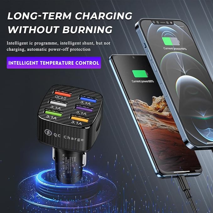 Car Charger Adapter, 6 USB Multi Port Fast Charging Cigarette Lighter Charger Adapter, Car Fast Charger Include QC 3.0 and 5 Other Ports for Most Cell Phones, Car Accessories (Black)