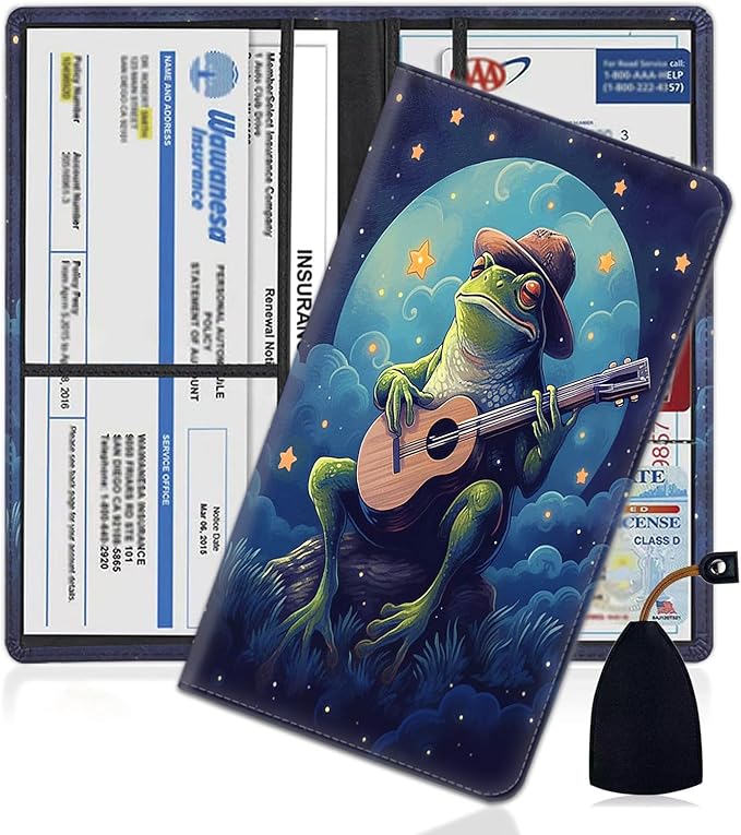 Car Registration and Insurance Holder, PU Leather Auto Document Holder for Men&Women, Vehicle Glove Box Compartment Organizer with Magnetic Shut for Driver's License, Frog Playing Guitar Pattern