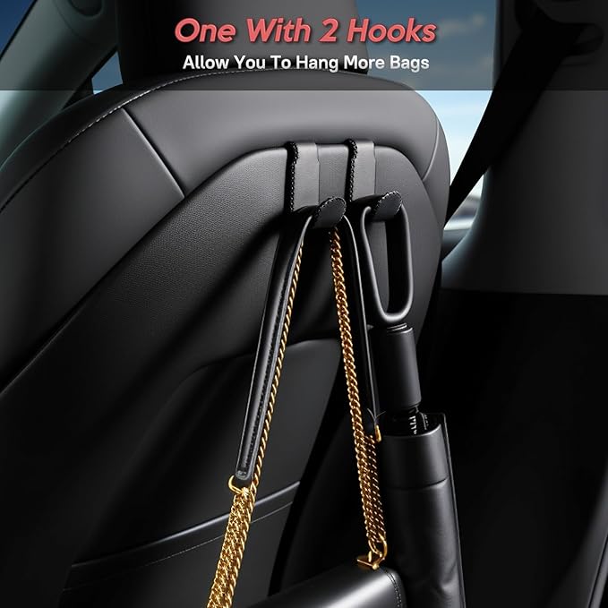 Car Seat Hooks for Tesla Model Y(Juniper) Model 3(Highland), Leather-Wrapped with Stainless Steel Core & Handmade Stitching, Purse Hanger Bag Holder, Automotive Seat Back Organizers (Black-2 Pack)