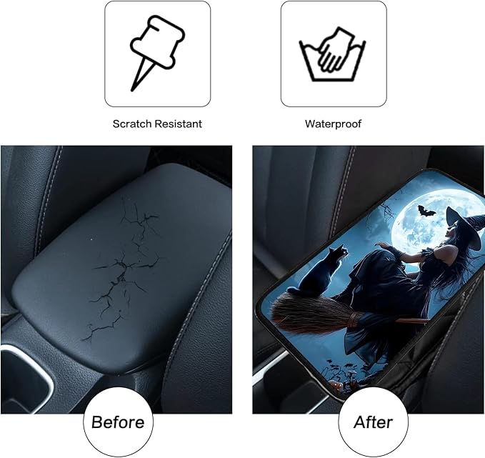 JANENFNA Car Armrest Cover Pads Universal Fashion Cute Auto Center Console Armrest Cover Pad with 2PCS Car Coasters Soft Waterproof Car Armrest Seat Protector for Women,Beautiful Witch