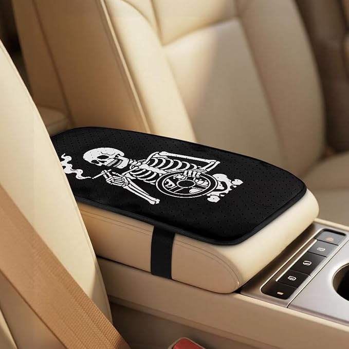 Qeluxign Funny Skeleton Automotive Seat Covers 5 Piece Universal Fit Car Accessories with Soft 2 Pack Seat Belt Cover Pads and Center Console Armrest Covers for SUV Truck Interior Set