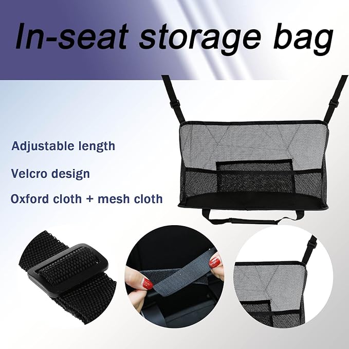Car Net Pocket Handbag Holder, Organizer Mesh Bag Between Seats, Driver Storage Netting Pouch for Handbag Purse, Universal Accessory for Women and Men, Pet/Kids Car Barrier (Black)