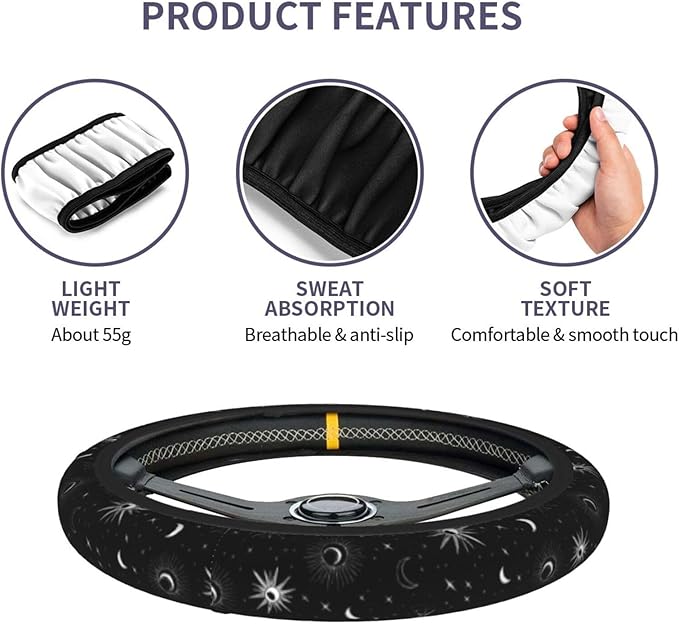 Star Moon Steering Wheel Cover Elastic Non-Slip Car Steering Wheel Covers with Seat Belt Shoulder Pad for Women Men