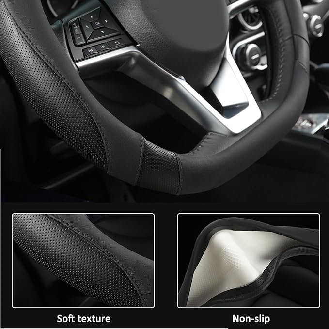 West Llama Flat Bottom Car Steering Wheel Cover for Hyundai,D Shaped Steering Wheel Cover for Tucson,Sonata,Elantra,Santa Fe,Genesis,Sonata Hybrid,Azera,Venue,Kona (Black-Standard Size)
