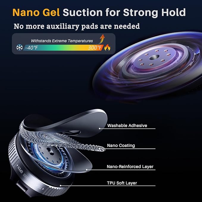 Jkoailiwi 360 Adjustable Vacuum Magnetic Phone Holder for Car, 118LBS Nano Gel Suction Cup Phone Mount, Universal 360 Dashboard Phone Holders for Your Car for Magsafe iPhone 17 16 Air Pro Max