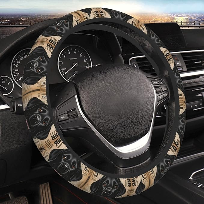 Black Labrador Art Dog Universal Fit Steering Wheel Cover for Car, Truck, and SUV, Durable Steering Wheel Protection