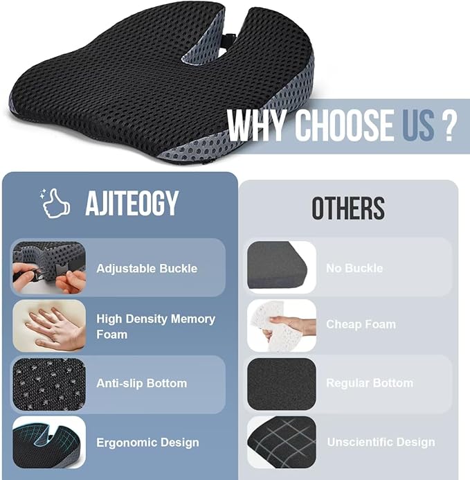 Ajiteogy Car Seat Cushion, Memory Foam Car Wedge Seat Cushion for Driving, Height Booster & Posture Support, 4D Mesh Seat Pad with Adjustable Straps - Universal Fit for Car, Truck, Vehicle