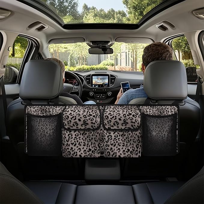 Car Trunk Hanging Organizer, Thick Backseat Storage Bag with 2 Pockets, 2 Mesh Pockets and 3 Adjustable Shoulder Straps, Foldable Interior Accessories Releases Trunk Space,Leopard