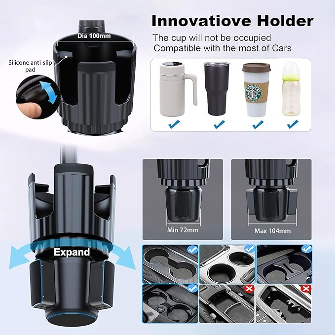 Cup Holder Phone Mount, 2 in 1 Universal Cup Holder Expander with Long Arm 360°Rotation Cup Phone Holder for Car Fits All 4-7” iPhone Galaxy Smartphones and Most Truck Bottles