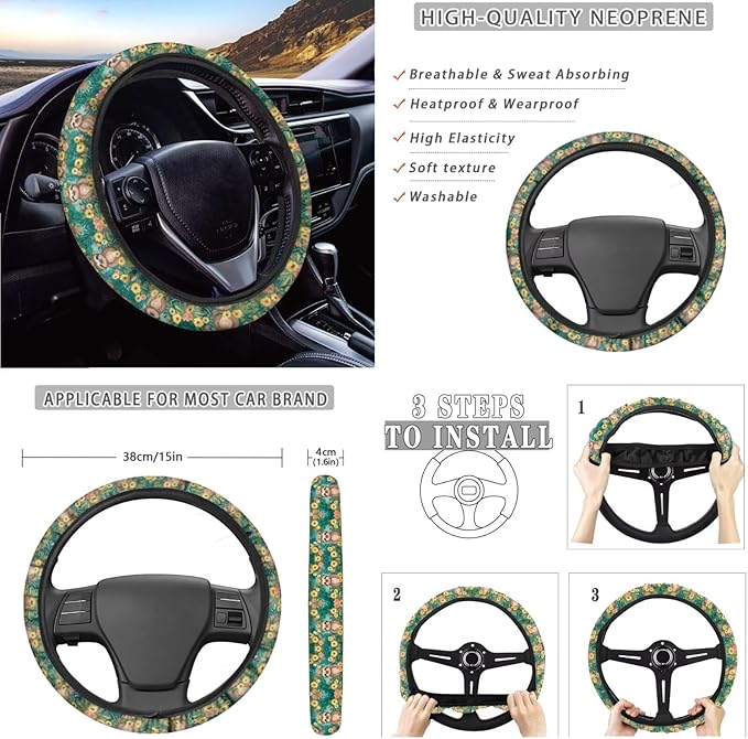 10 Pieces Car Seat Cover Full Sets, Sloth Flower Print Car Front Bucket Seat Protectors with Split Bench Back Seat Covers, Steering Wheel Protector, Coaster, Trash Can, Air Vent Storage Bag