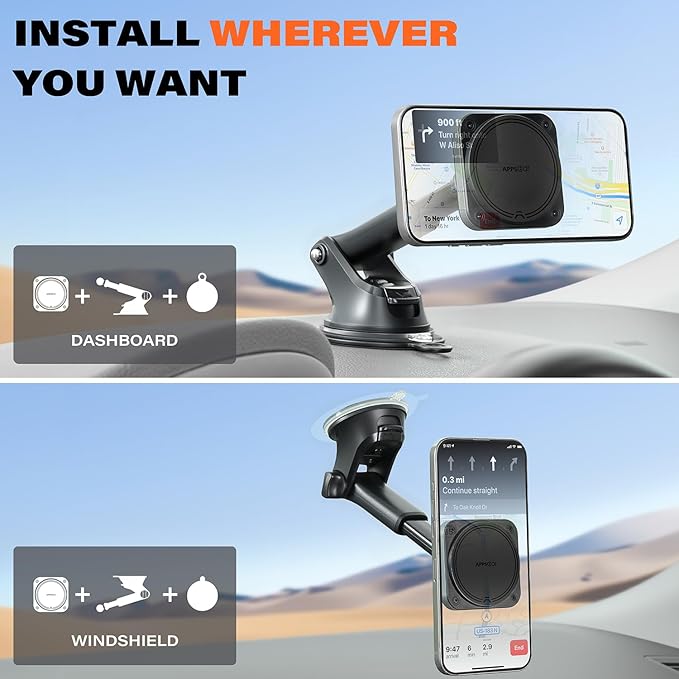 APPS2Car for MagSafe Car Mount【Upgraded 20xN55 Magnets】 Strong Magnetic Phone Holder, Suction Cup Stand for Dashboard Windshield, Adjustable Telescopic Arm, Fit for iPhone 17 16 15 14 13 12 Android
