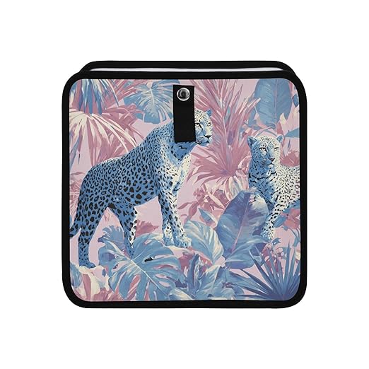 Car Trash Can Organizer Bin with Adjustable Strap for Back Front Seat Console Waterproof Leakproof Collapsible Portable 11 Inch Cute Cheetah and Palm Leaves