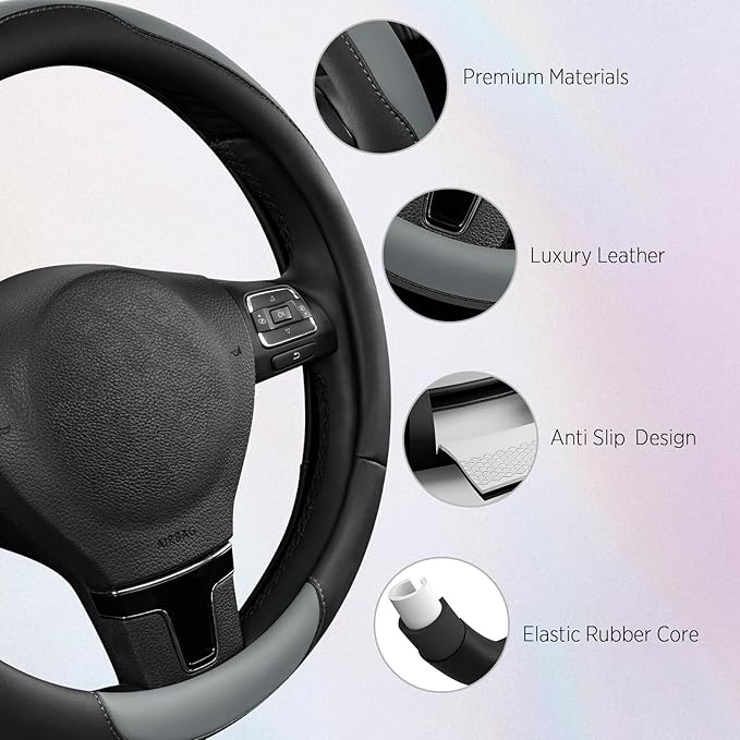Road Comforts Steering Wheel Cover, Breathable Anti-Slip Leather Steering Wheel Cover, Universal Fit 14.5–15 Inch, Comfortable Grip - Gray Color