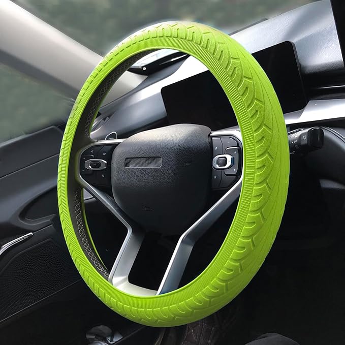 Universal Green Steering Wheel Cover：13.5 to 15 Inches Flexible Silicone Anti Slip Steering Wheel Protector Fit for Most Car Models Including Round D Shape or Special Shape