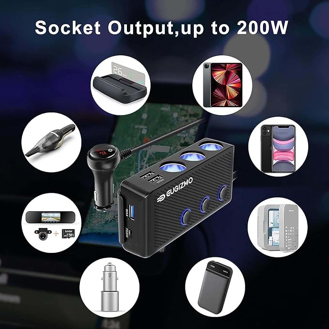 Cigarette Lighter Plug Splitter, 3 Socket 200W Car Cigarette Lighter Adapter USB Charger Extension Cord Multi Port Power Plug 12V/24V Splitter with LED Voltage Display Independent Switches