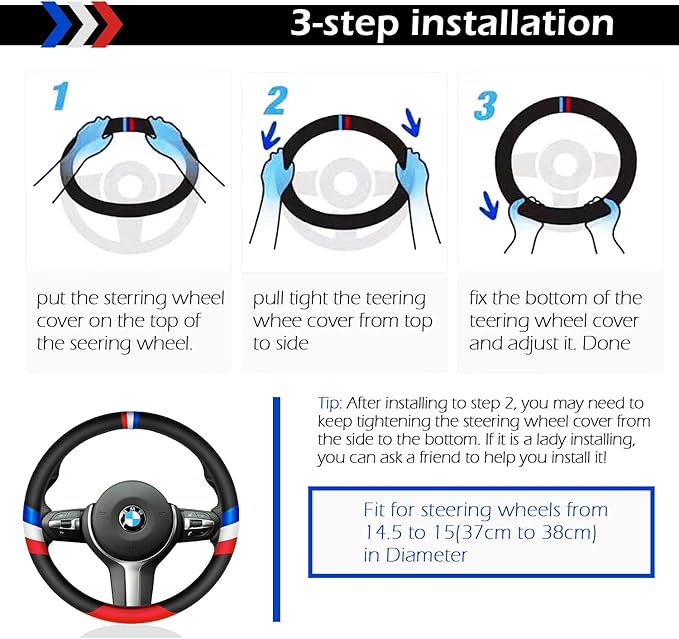 Nappa Leather Car Steering Wheel Cove Sports Protector Non-Slip Leather Steering Wheel 15 Inch Universal Red, White, Blue, Black