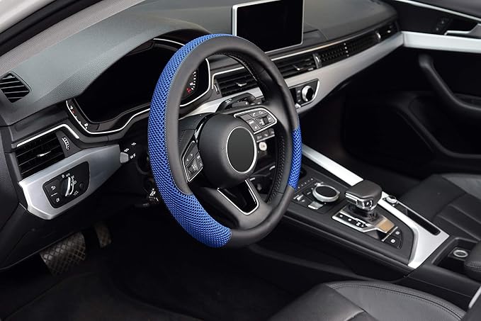 KAFEEK Steering Wheel Cover, Universal 15 inch, Microfiber Leather Viscose, Breathable, Anti-Slip,Warm in Winter and Cool in Summer, Black&Blue