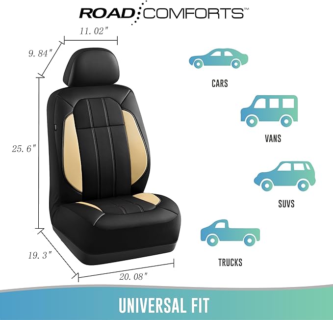 Road Comforts Car Seat Covers, Breathable Leather Seat Covers, Car Seat Covers Front Seats Airbag Compatible, Automotive Seat Covers for Most Cars, Vans, Trucks, SUV - Beige