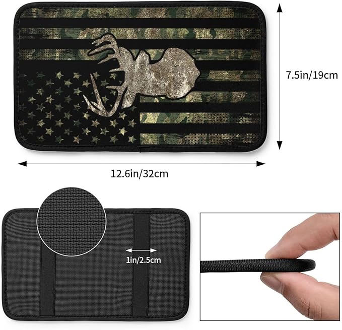 DORKEIXIA Camo Camouflage American Flag Hunting Deer Auto Center Console Armrest Pad Universal Car Center Console Cover Seat Box Cover for Sedan, Van, SUV, Truck Car Accessorie