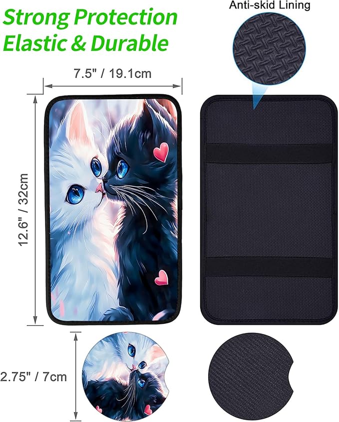JANENFNA Car Armrest Cover Pads Universal Fashion Cute Auto Center Console Armrest Cover Pad with 2PCS Car Coasters Soft Waterproof Car Armrest Seat Protector for Women,Cat Couple