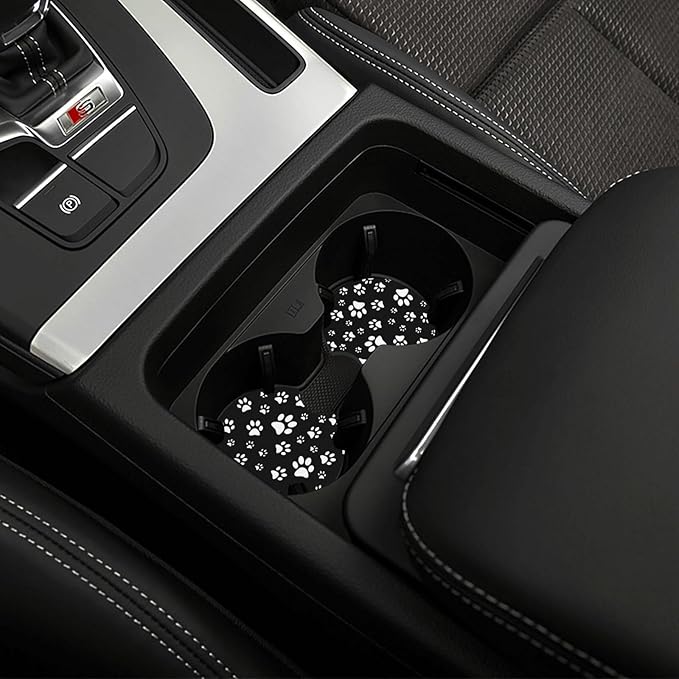 Black and White Dog Cat Paw Print Steering Wheel Cover for Women Men with 2 Pcs Car Coasters, 15 Inches Neoprene Anti-Slip Cute Universal Car Accessories Protective Cover for Vehicle