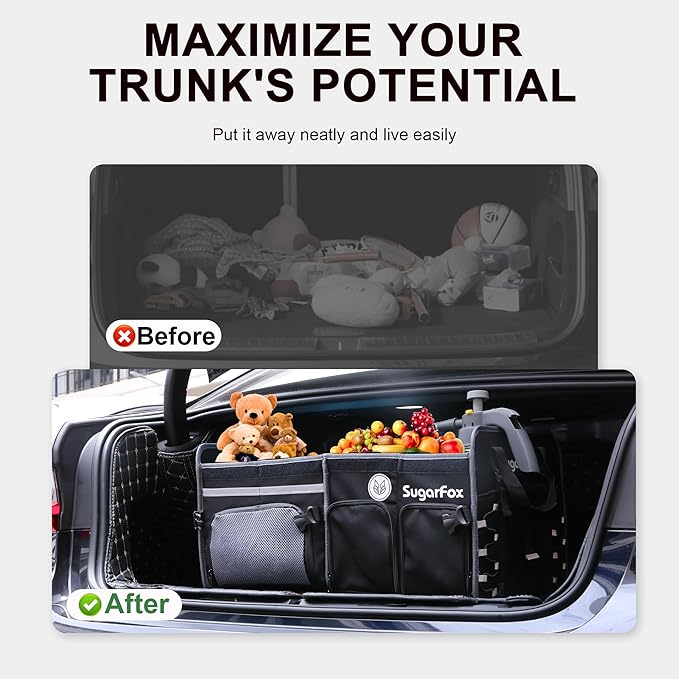SugarFox Car Trunk Organizer | 63L, 23.6"x14"x12.2" | Dedicated Shoe Space, Adjustable Straps | Waterproof, Collapsible | for SUVs/Small Midsize Cars - Black-X212