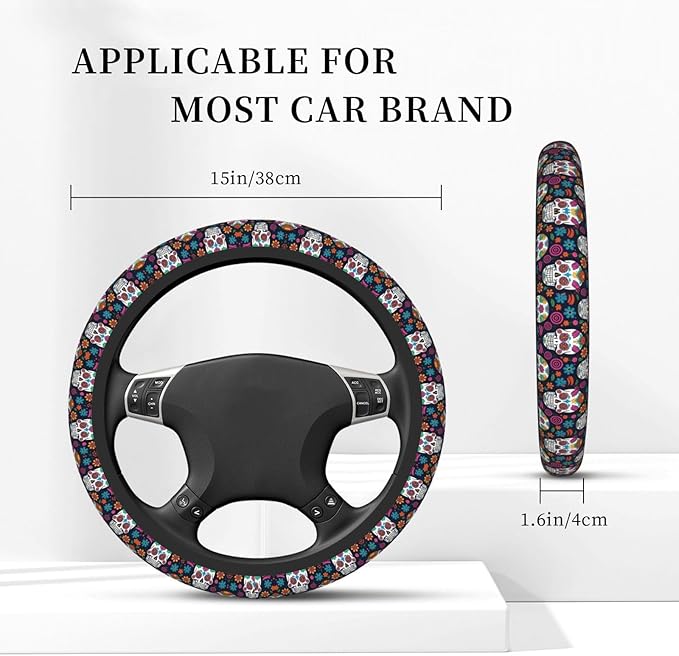 Neoprene Steering Wheel Cover Skull Florals Car Steering Wheel Cover Universal Fit for Most Cars