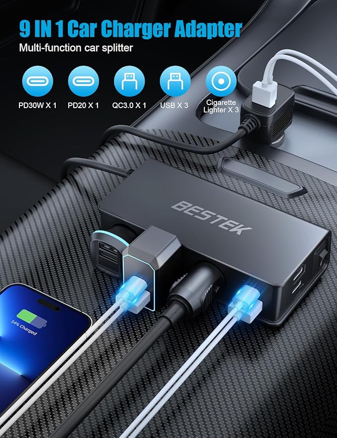 BESTEK 9 in 1 Cigarette Lighter Splitter,148W 3-Socket Multi Port Outlet Car Charger PD30W and 4 USB-A QC3.0 18W with LED Display 12V/24V Vehicle Super Fast Adapter for GPS, Dash Cam, iPhone, Car