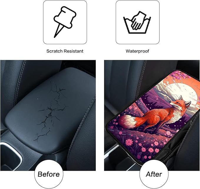 JANENFNA Car Armrest Cover Pads Universal Fashion Cute Auto Center Console Armrest Cover Pad with 2PCS Car Coasters Soft Waterproof Car Armrest Seat Protector for Women,Japanese Fox