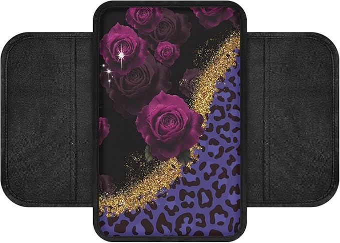 CLOHOMIN Purple Rose Car Arm Rest Covers Leopard Print Auto Armrest Pad with 2 Pockets Automoblie Interior Accessories Car Center Console Armrest Cushion Cover Fit for Most Vehicles