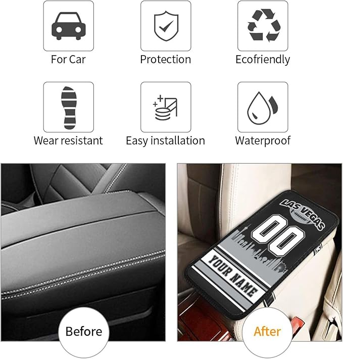 Custom Football Car Armrest Covers Personalized Football Style with Name Number Customized Auto Center Console Pad Car Handrail Box Cushion for Most Vehicle Decor Accessories, Black