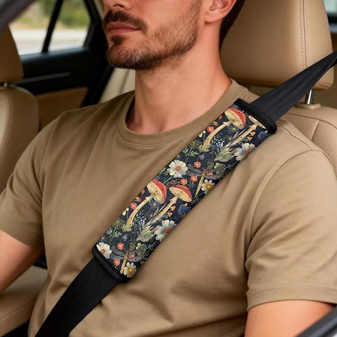 Qeluxign Mushroom Floral Car Seat Cover Set with Armrest Cover Cushion PU Automotive Car Cover and Seat Belt Shoulder Straps Pad, Universal Fit for Truck Sedan SUV, Pack of 5