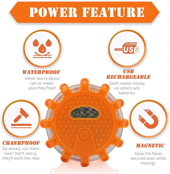 Ecoangel USB Rechargeable LED Road Flares Emergency Lights-Roadside Warning Car Safety Beacon Flashing Disc Flare Kit with Magnetic Base for Vehicles & Boat | 6 Beacon Disc Pack