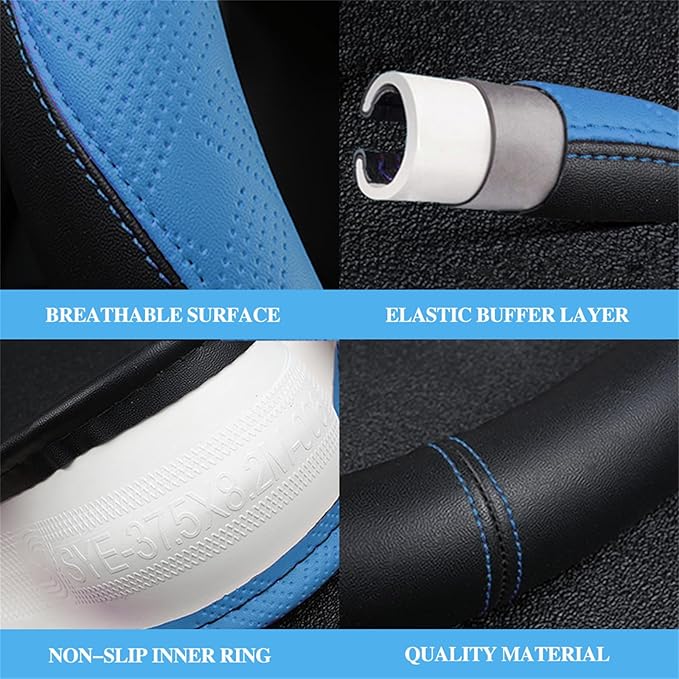 D Cut Steering Wheel Cover, Universal Microfiber Leather Breathable Flat Bottom Steering Wheel Cover Sports Style, 15 inch/ 38cm, Blue