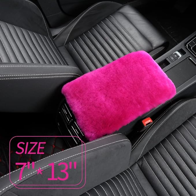 IRIWOOL Sheepskin Armrest Cover Auto Center Armrest Cover Car Soft Console Pad, Fluffy Wool Auto Center Console Cover for Most Car Arm Rest Decoration Protector 7 x 13 Inch (Shearling, Deep Rose)