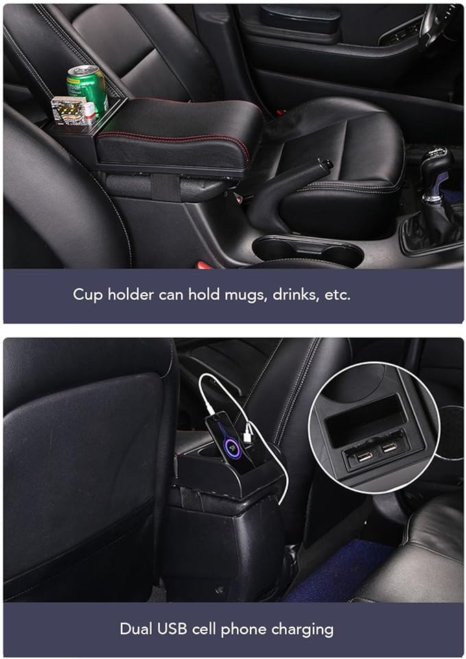 Center Console Armrest Box Cover Adjustable Length with USB Charging Port Cup Holder Universal for Most Vehicles (Red Line)