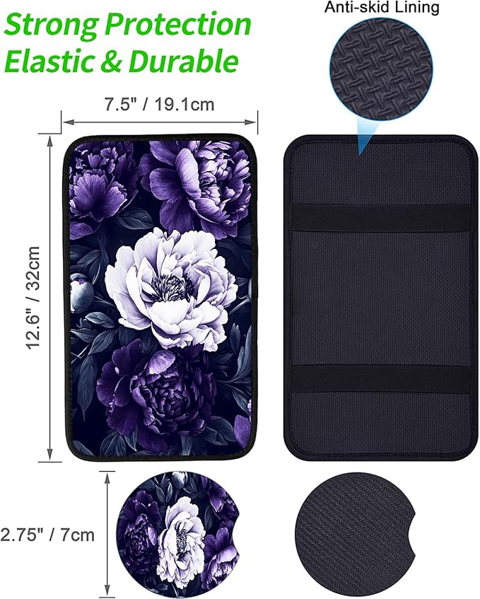 JANENFNA Car Armrest Cover Pads Universal Fashion Cute Auto Center Console Armrest Cover Pad with 2PCS Car Coasters Soft Waterproof Car Armrest Seat Protector for Women,Purple Peonies