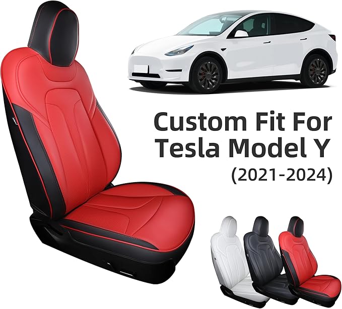 OURPLOT Custom Fit Seat Covers for 2020-2024 Tesla Model Y (5-Seater), Waterproof Nappa Leather, OEM Factory Style Full Set Car Seat Protectors Airbag Compatible - Red