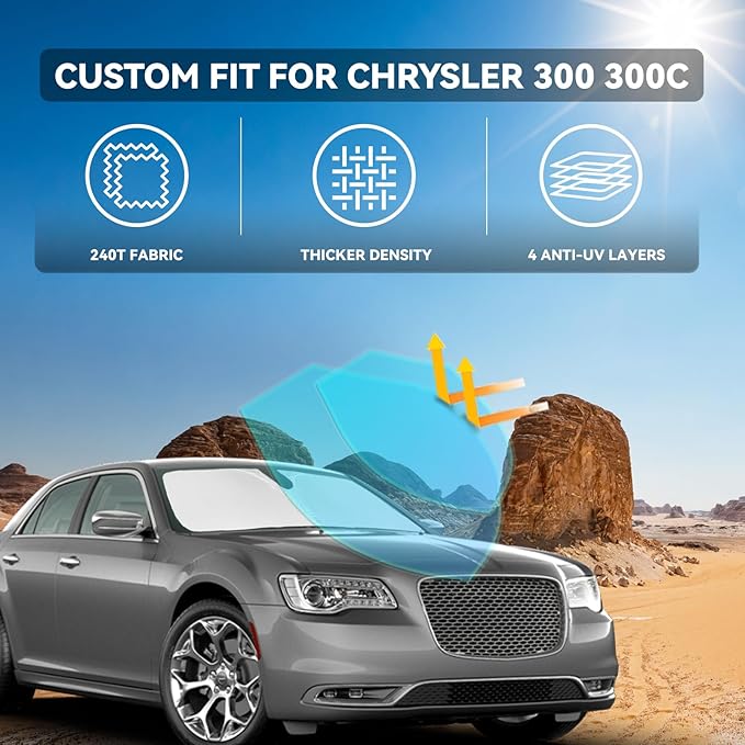 for Chrysler 300 300C 2011-2023 2024 2025 Windshield Sun Shade - 4 Layers Car Sunshades for Front Windows Shade Cover Custom Fit 300 300C 240T Retractable Shade Blocks UV Rays Car Accessories