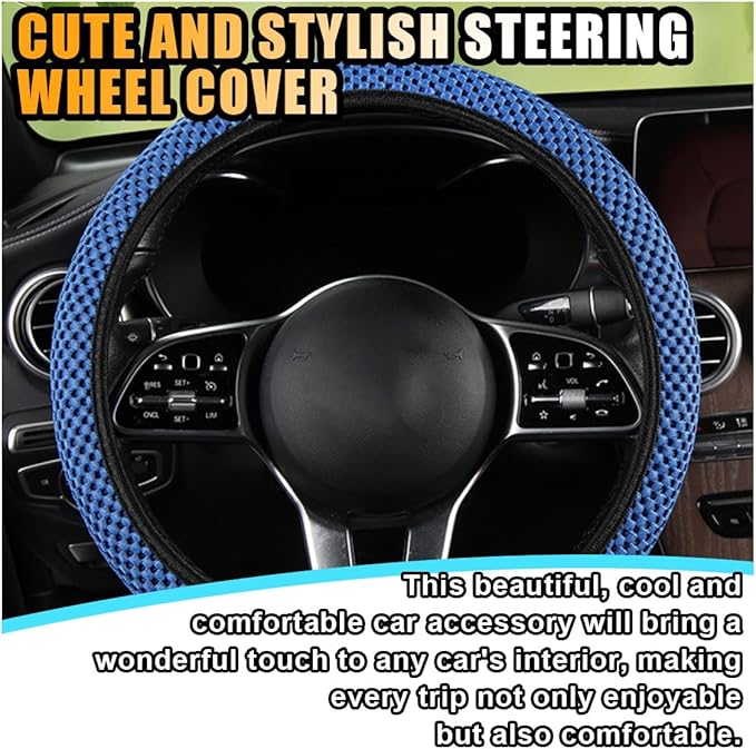 Stretch Elastic Steering Wheel Cover, All-Season Comfort, Warm in Winter & Cool in Summer, Universal 15 Inch Microfiber Breathable Ice Silk, Anti-Slip, Odorless, Easy Carry, Fit Car, SUV (Blue)