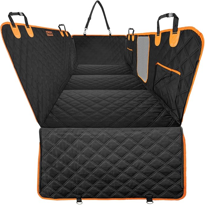 VIVASNIFF Hard Bottom Back Seat Extender for Dogs, Waterproof Dog Car Seat Cover, 420lb Support, 600D Heavy Duty Car Seat Protector Dog Hammock for Sedan, SUV, Small Truck(Black & Orange)