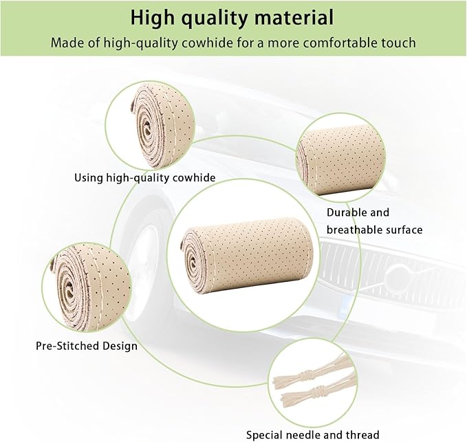 Kewucn Genuine Leather Steering Wheel Cover, 15" Universal Car Steering Wheel Protector with Needle Thread, Breathable Anti-Slip Steering Wheel Cover DIY Stitch on Wrap (Beige, Full Hole)