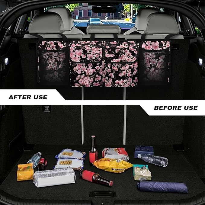 Cherry Blossom Car Trunk Organizer, Oxford Backseat Storage Bag with 4 Pockets, Waterproof Adjustable Large Capacity Hanging Collapsible Bag for Most Vehicles, Universal Car Accessories